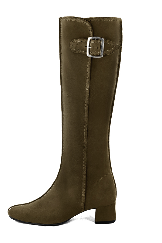 Khaki green women's knee-high boots with buckles.. Made to measure. Profile view - Florence KOOIJMAN